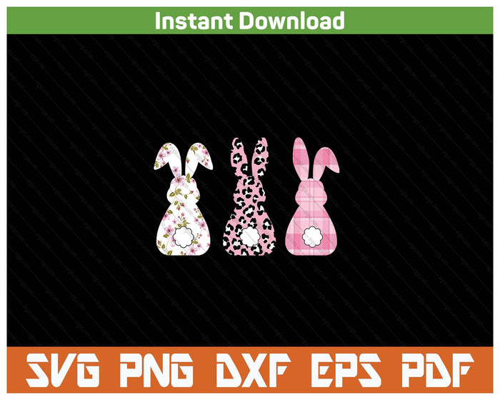 Cute Pink Leopard Plaid Flower Happy Easter Bunny Rabbit SVG PNG Cutting Files