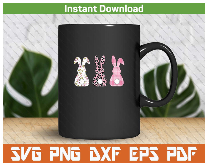 Cute Pink Leopard Plaid Flower Happy Easter Bunny Rabbit SVG PNG Cutting Files