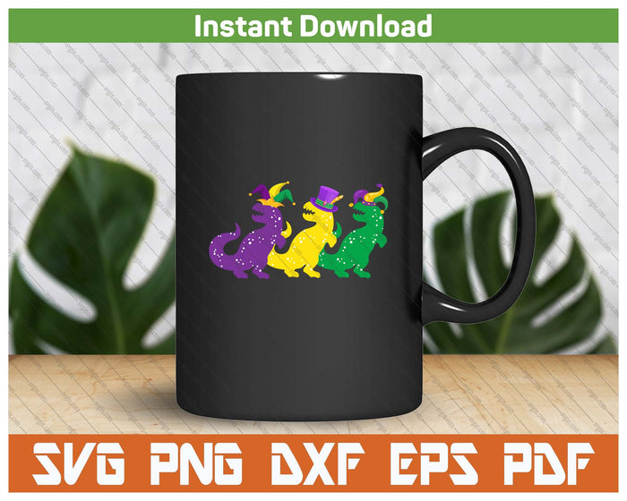 Kids Trex Dinos Purple Yellow Green Mardi Gras SVG PNG Cutting Files