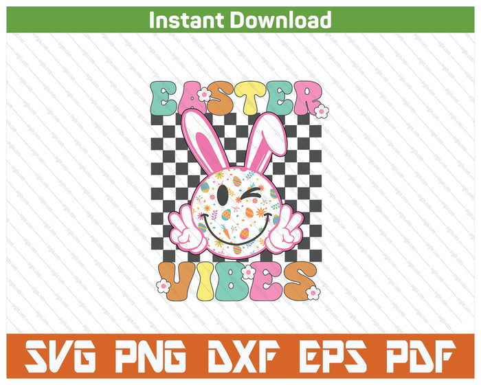 Groovy Easter Vibes Bunny Checkered Smile SVG PNG Digital Cutting Files