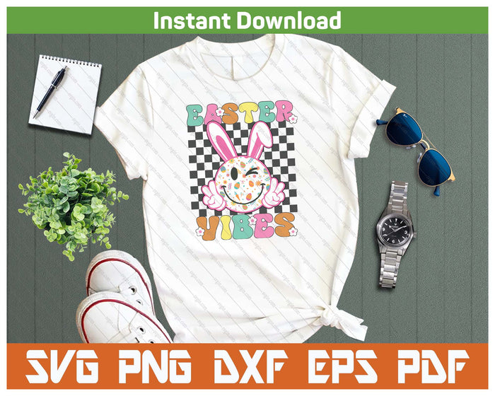 Groovy Easter Vibes Bunny Checkered Smile SVG PNG Digital Cutting Files