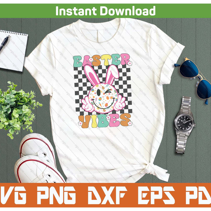 Groovy Easter Vibes Bunny Checkered Smile SVG PNG Digital Cutting Files