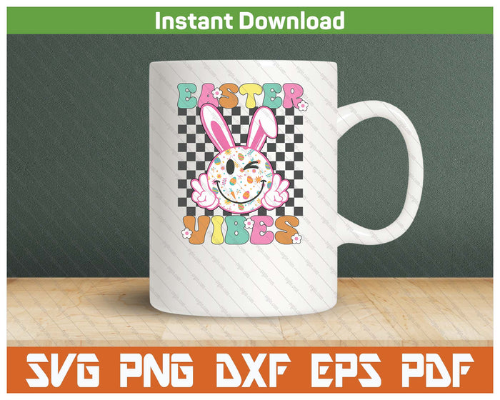 Groovy Easter Vibes Bunny Checkered Smile SVG PNG Digital Cutting Files