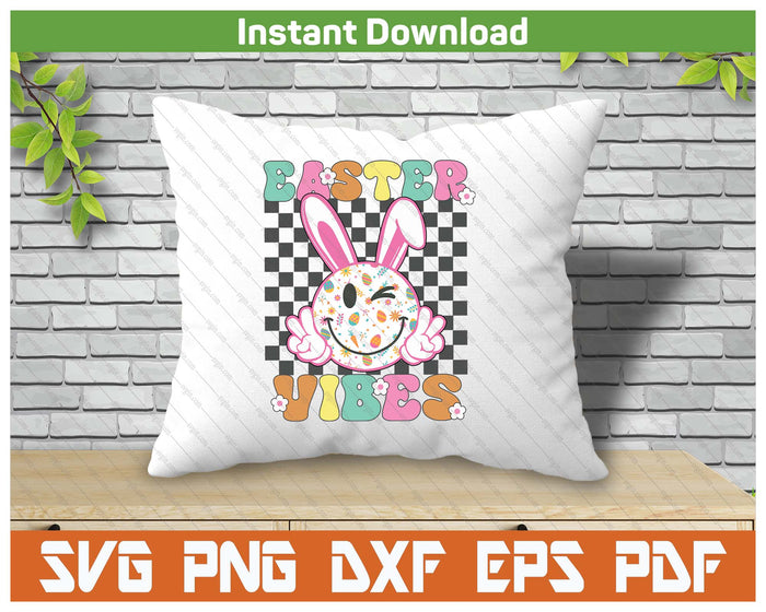 Groovy Easter Vibes Bunny Checkered Smile SVG PNG Digital Cutting Files